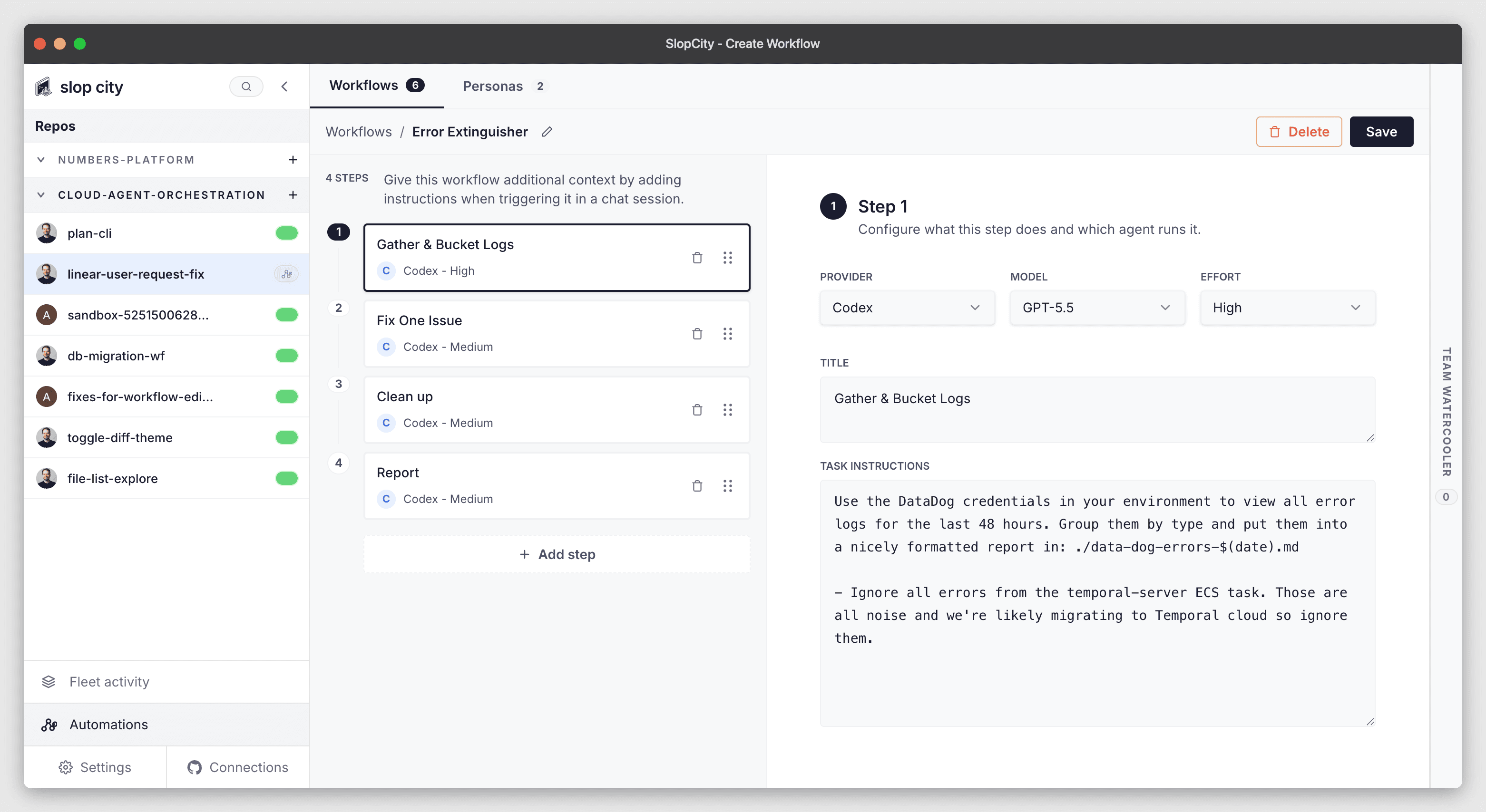 Slop City workflow builder with ordered automation steps and step configuration.